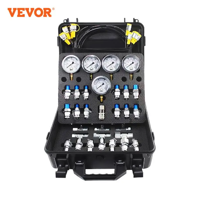 VEVOR Hydraulic Pressure Test Kit 10/100/250/400/600bar 5 Gauges 13 Test Couplings 14 Tee Connectors 5 Test Hoses w/Sturdy Case