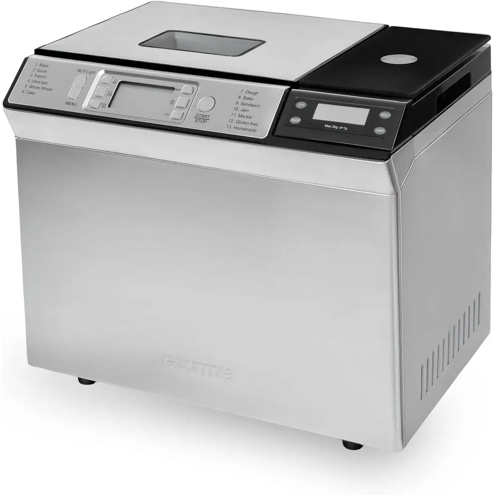 

2 LB Capacity Gourmia Bread Machine - 13 Settings, Jam, Auto Dispenser, Customizable Crust, Warm & Delay, Dishwasher Safe
