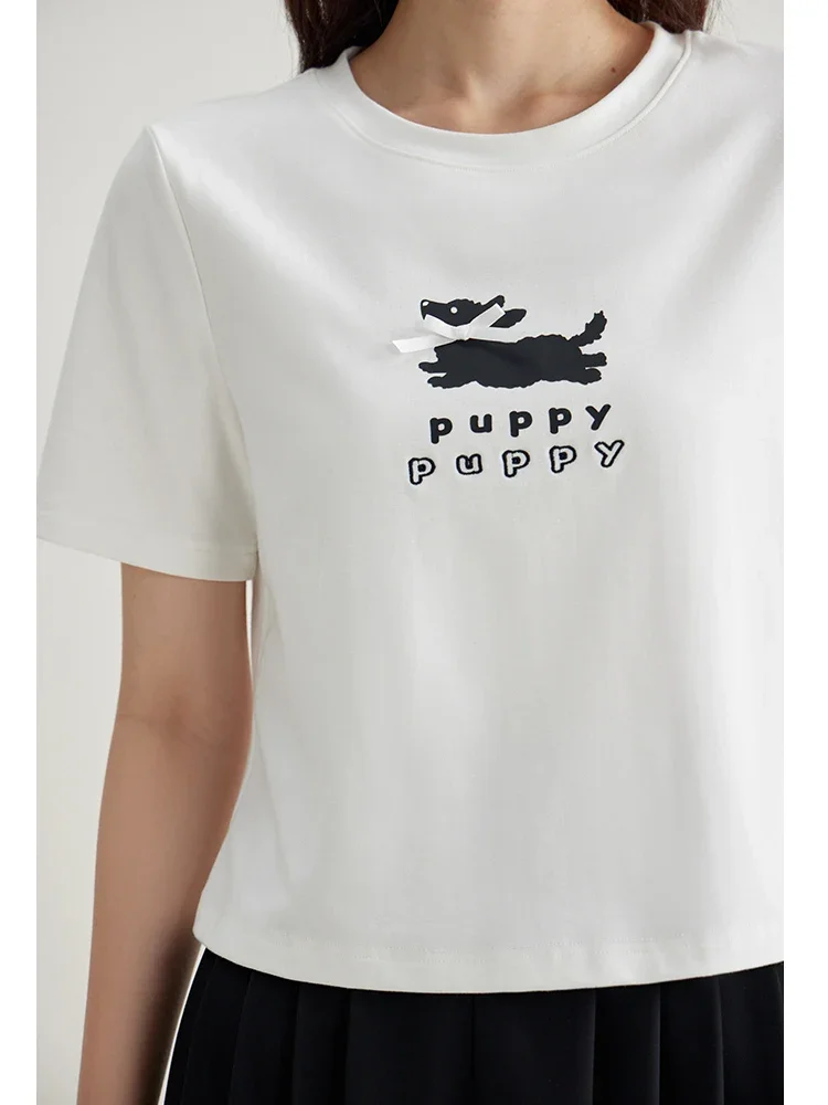 DUSHU Office Lady Bow Dog Short Sleeve T-shirt 2024 Summer New Refreshing Print White Casual Loose Women T-shirt 24DS82691