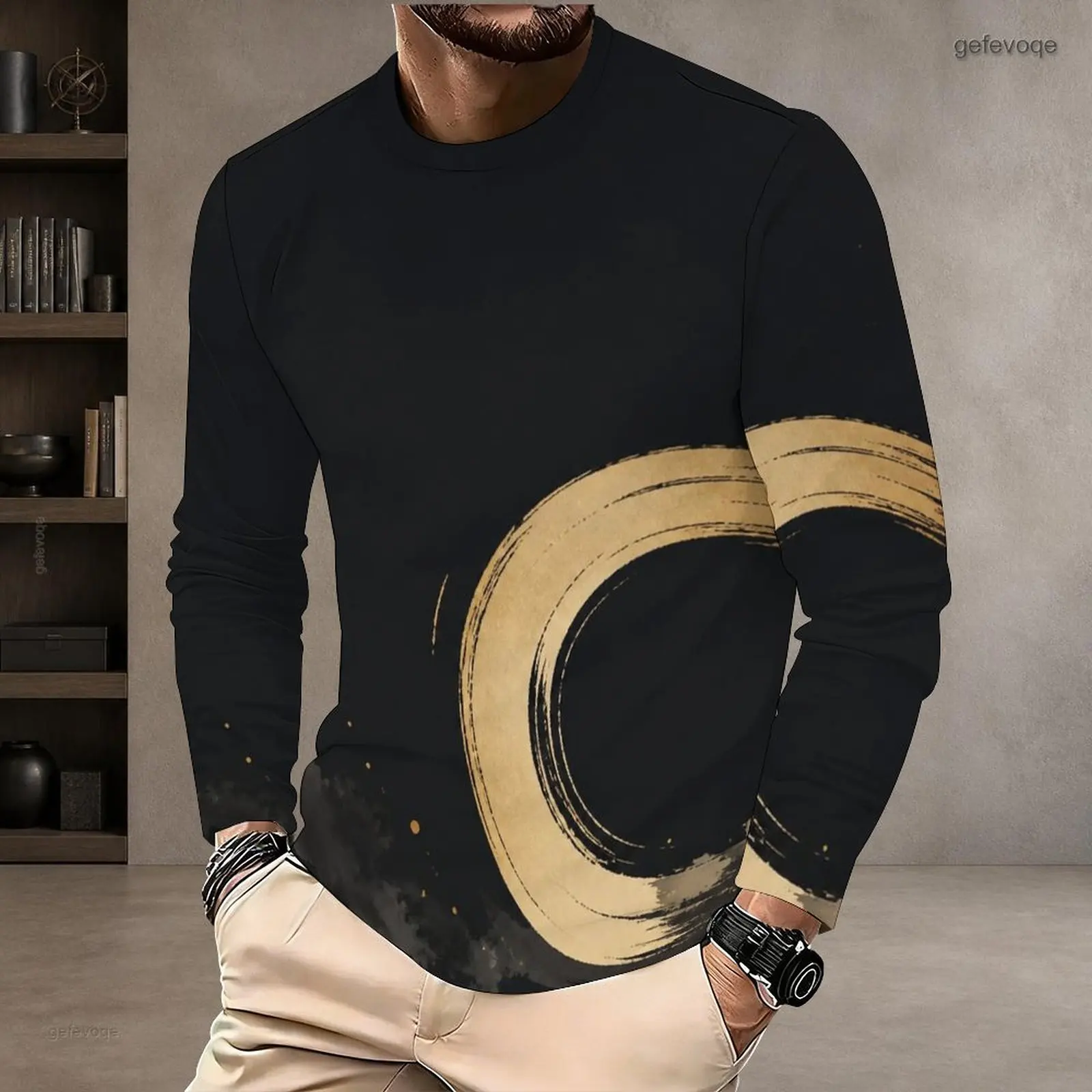 Men Printed T Shirt Round Neck Long Sleeve Pullover Straight Hem