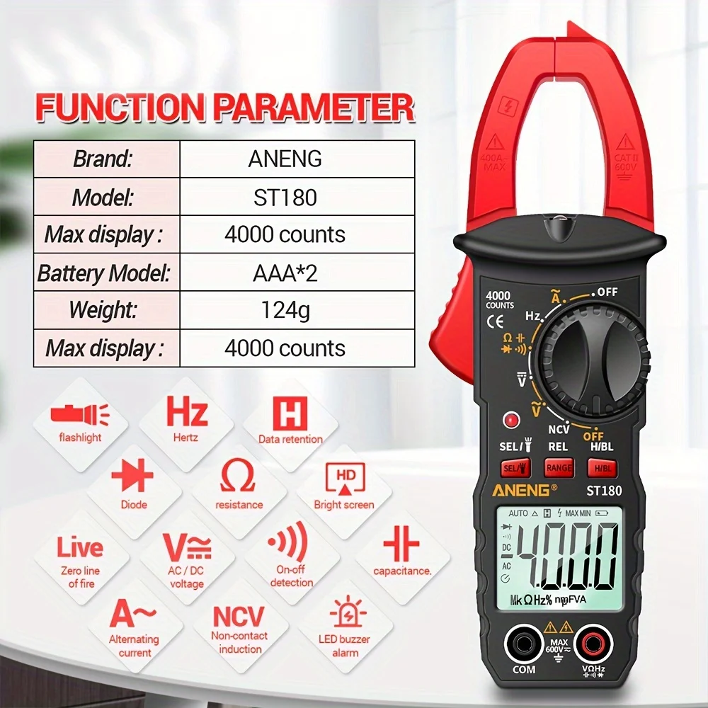 ST180 digital clamp ammeter kit, including measuring pen. 4000 counts, equipped with buzzer, high-precision multimeter