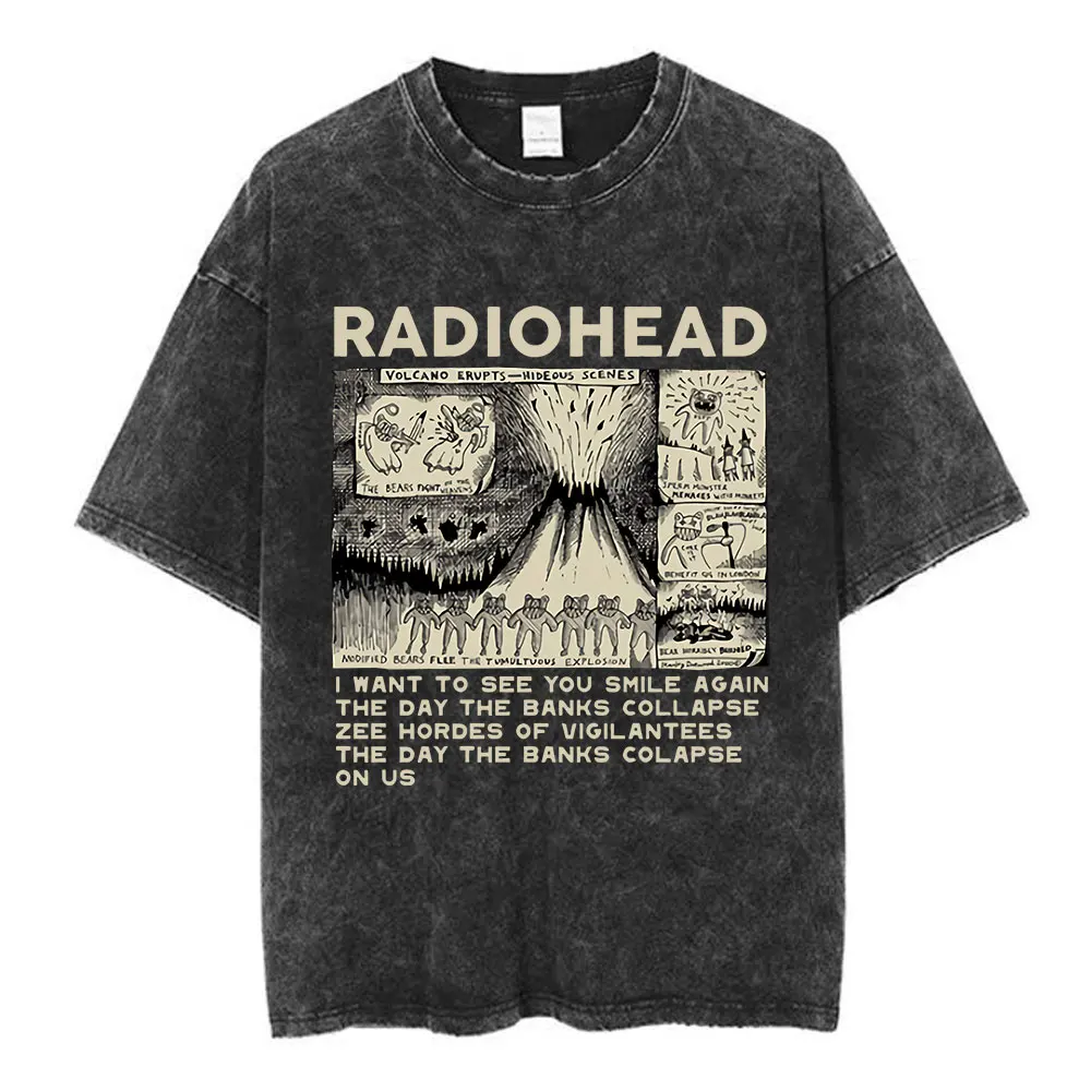 Rock Band Radiohead The Bends Vintage Washed T-shirt Men Women Fashion Hip Hop T Shirts 100% Cotton Casual T-shirts Streetwear