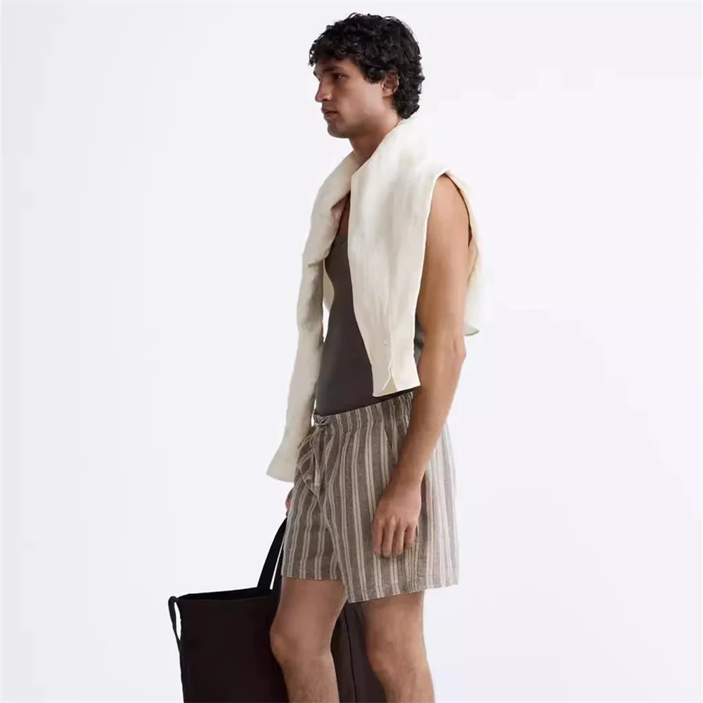 ZA2024 Autumn New Men\'s Fashion Style Versatile Loose Stripe Printed Elastic Waist Casual High Waist Shorts