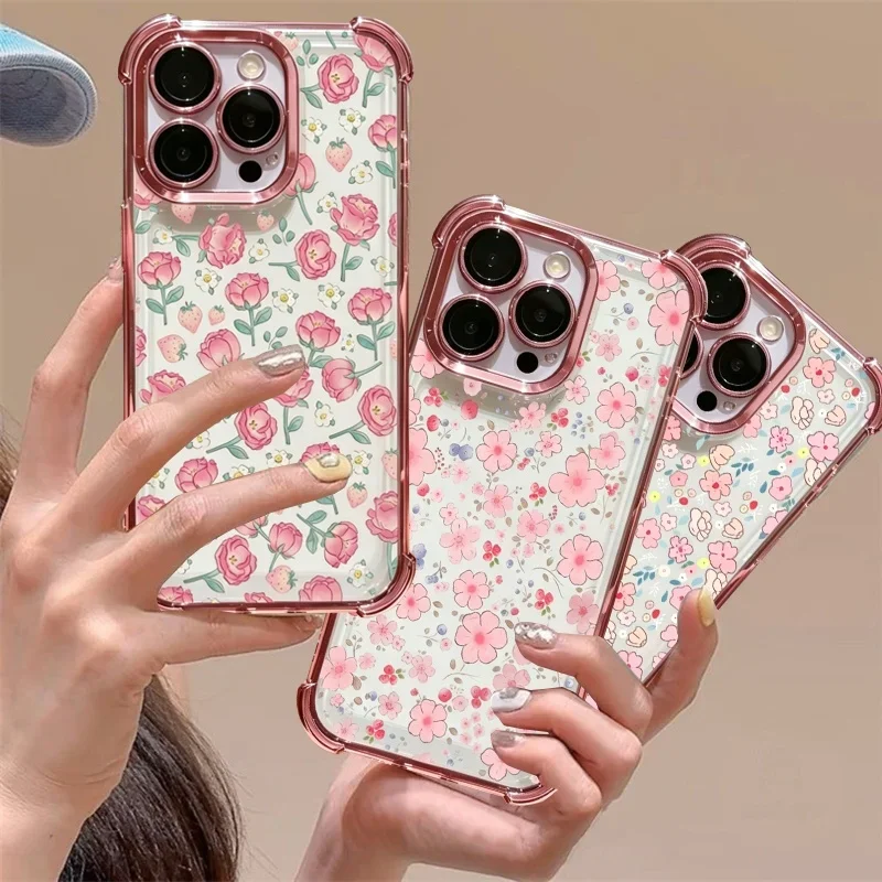 Pink Flowers Pattern Clear Phone Case For Samsung Galaxy A12 A31 A52 A51 A22 A32 A33 A13 A73 A50 A30 A21S A02S A02 A03 A04 Cover