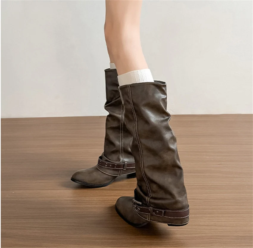 Punk-Style Belt Buckle Mid-Calf Boots for Women Square Heel Motorcycle Boots Pu Leather Pleated Boots Street Retro Riding Boots