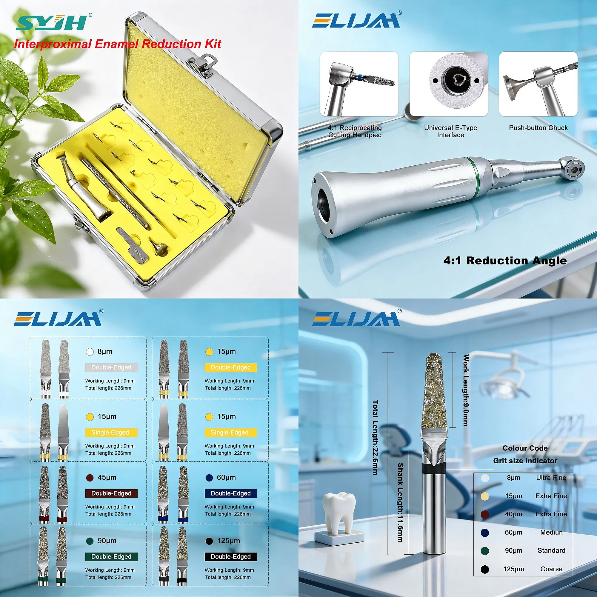 Dentals Interproximal Enamel Reduction Kit 4:1 Angle 10Pcs Diamond Files Reciprocating Orthodontic Tool