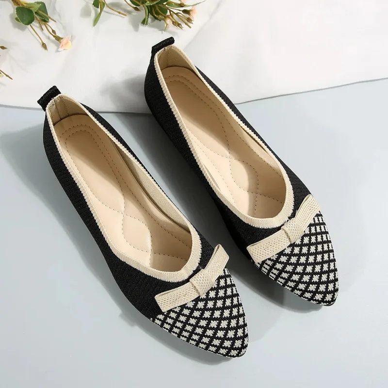 New Women's Knitted Slip on Flats Breathable Comfortable Bowtie Walking Shoes Casual Pointed Toe Walking Sneakers Loafers