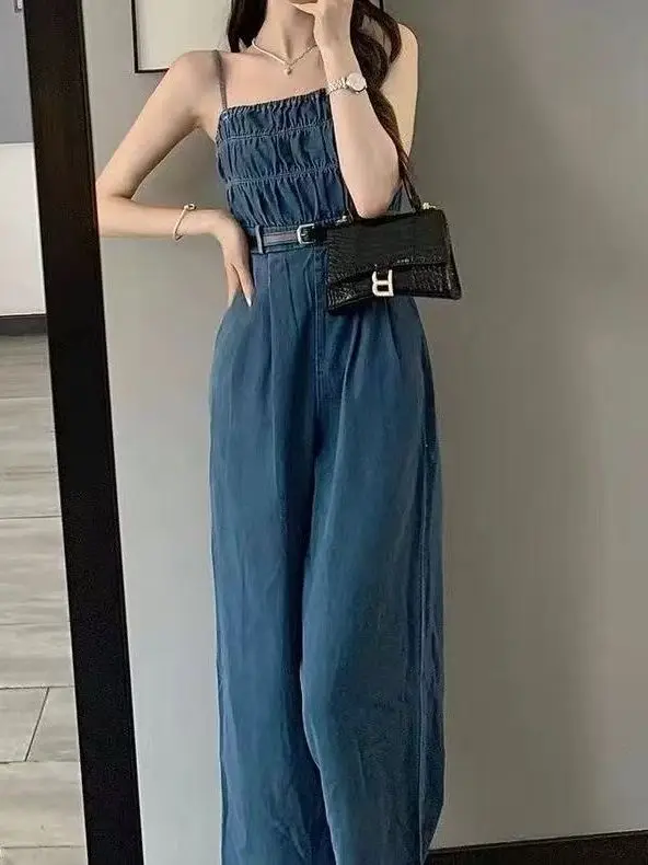 

High Waist Denim Rer Women's Loose Design Korean Sle oulder Bared Straight Leg Wide Leg Strap Dr