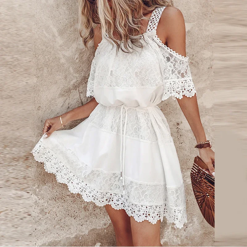 

Cold Shoulder Contrast Lace Casual Dress