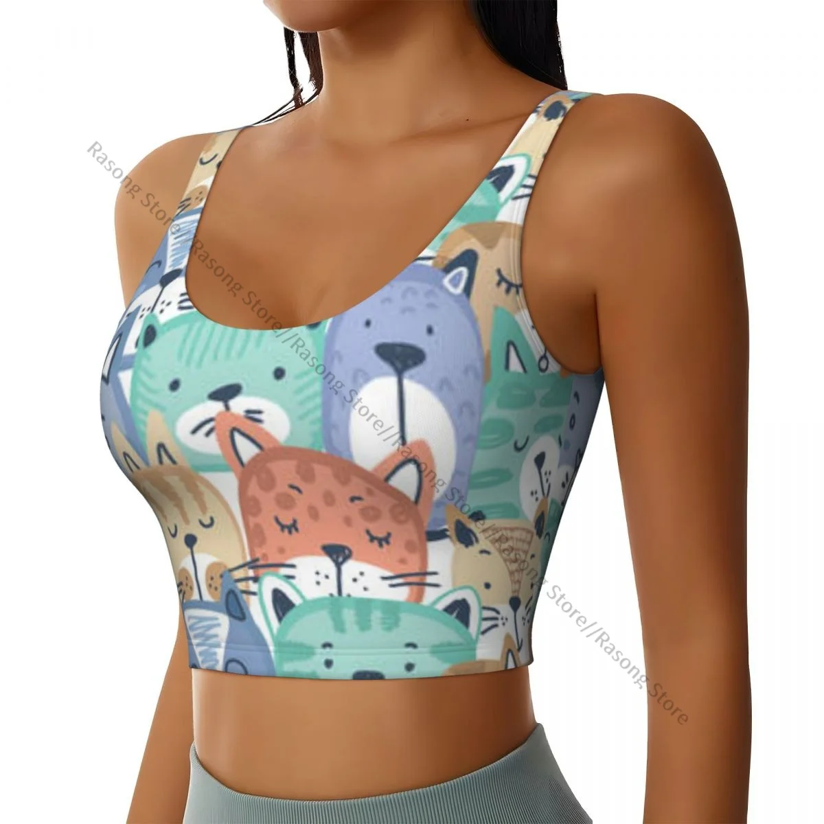 Women Sexy Sports Vest Hand Drawn Cat Faces Female Streetwear Sport Lingerie Tee Crop Top