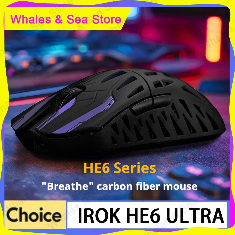 IROK HE6 ULTRA Mouse Wireless Dual 8K Gaming Mouse Carbon Fiber PAW3950 3mode E-sports Lightweight Office Mouse PC Accessories