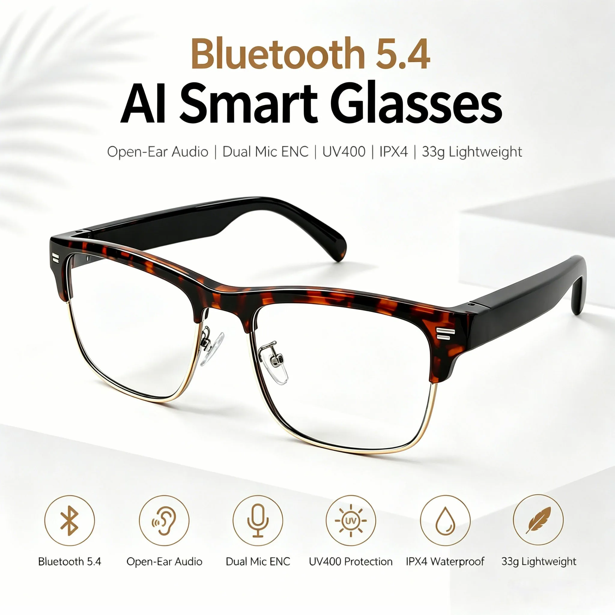 

Bluetooth 5.4 AI Smart Audio Glasses Open Ear Wireless Glasses Dual Mic ENC UV400 33g Lightweight for Driving Cycling Outdoor