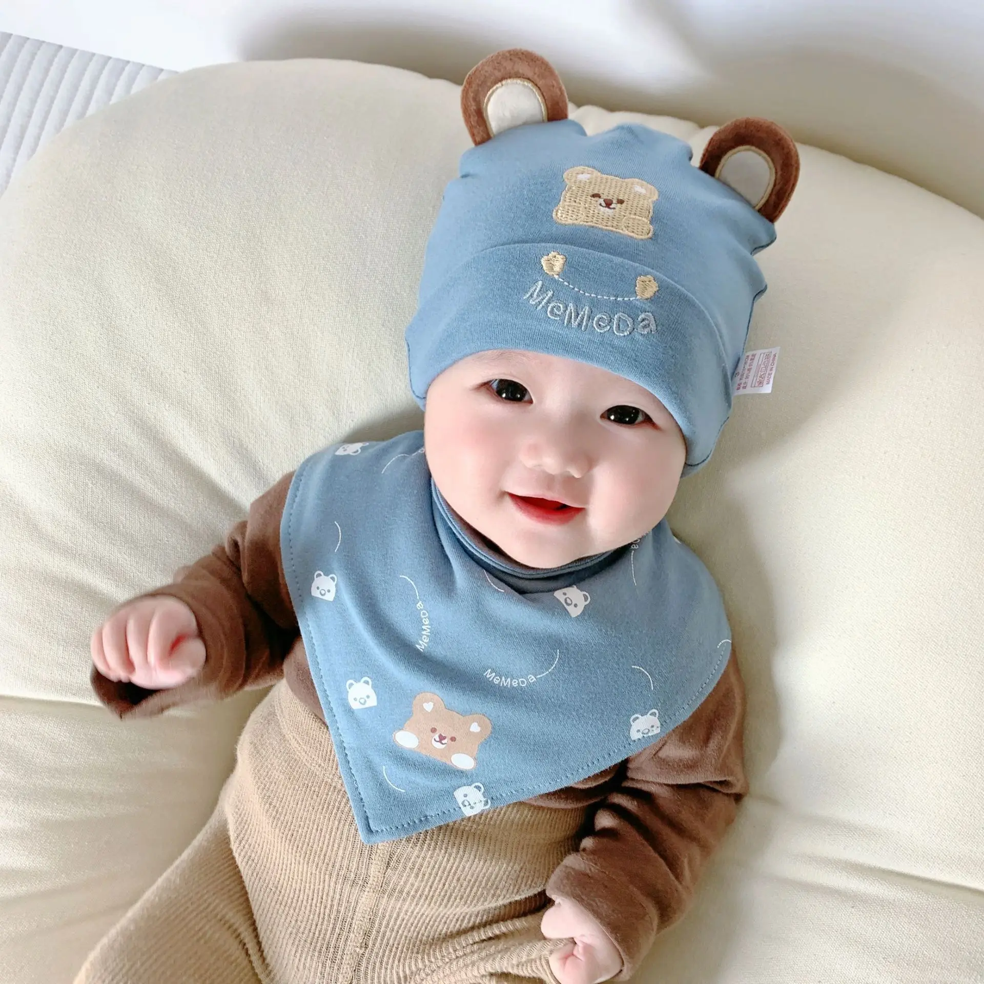 Newborn Baby Hats Triangle Bib Sets Spring Autumn Pure Cotton Cute Cartoon Bear Caps Toddler Boys Girls 3-12M