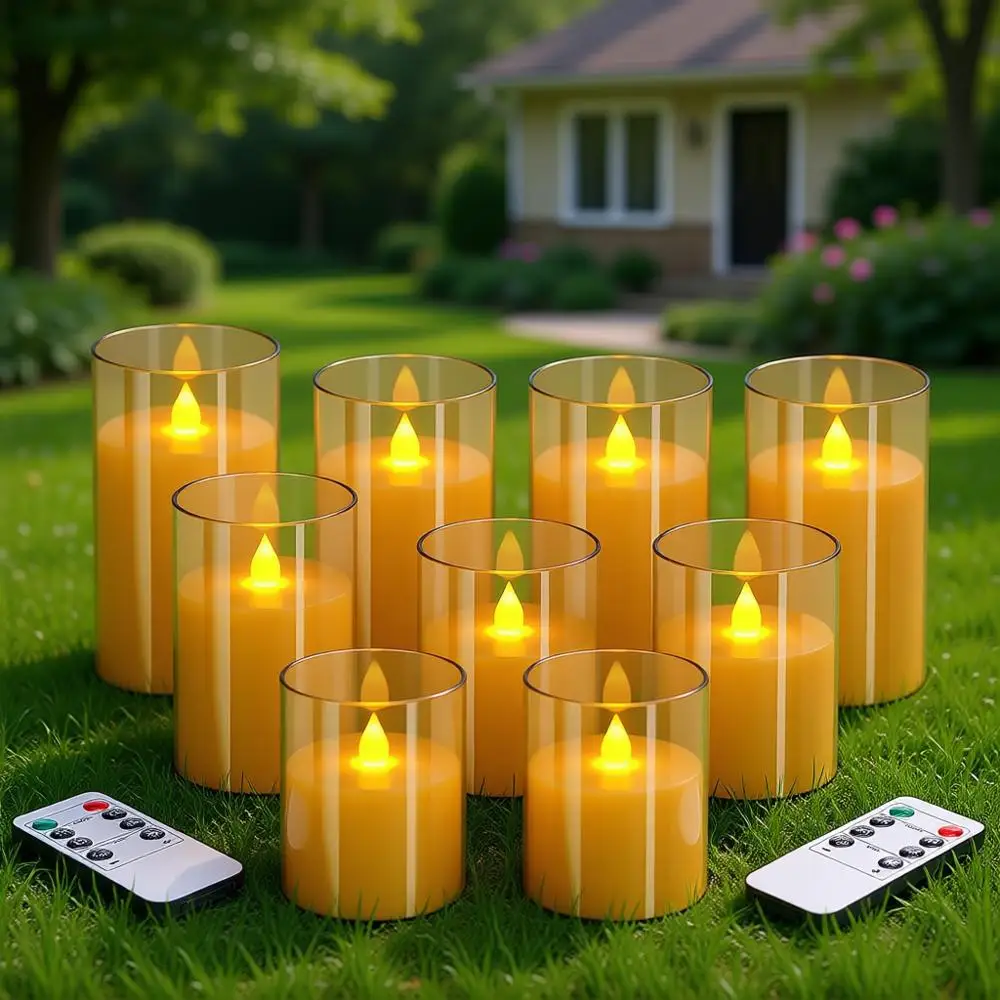 

4 5 6 Set of 12 Acrylic Glass Pillars 3 Diameter Battery Operated Flickering Candles Include 8-Key Remote with Timer Function 40