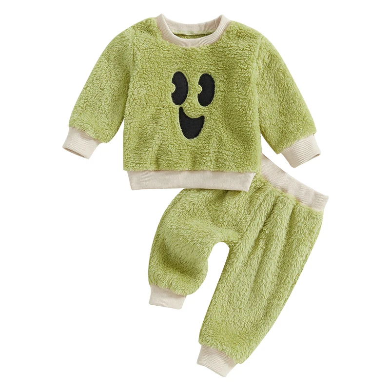 

Baby 2 Piece Outfit Smiling Face Pattern Plush Long Sleeve Sweatshirt and Elastic Pants Set for Newborn Fall Clothes