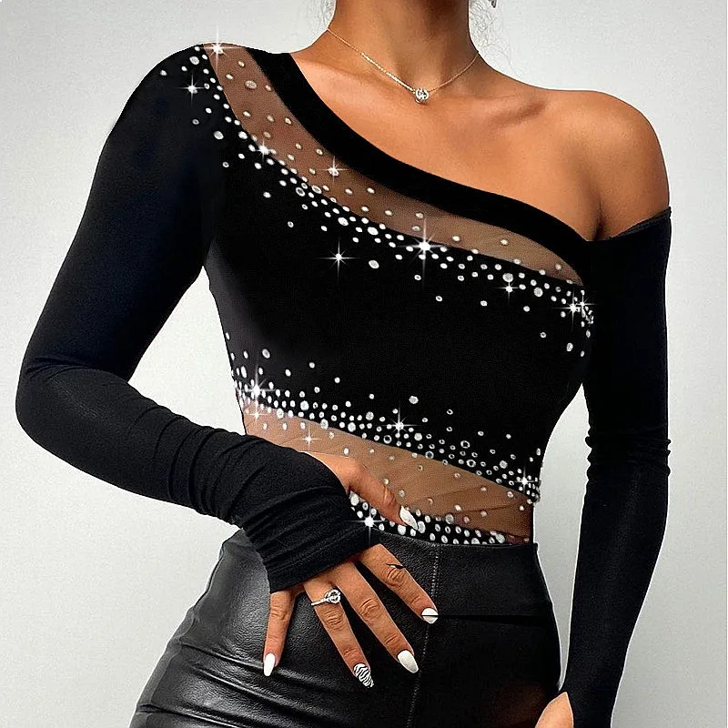 Women's Black Mesh See-Through Off-Shoulder Top with Sparkle Diamond Patchwork