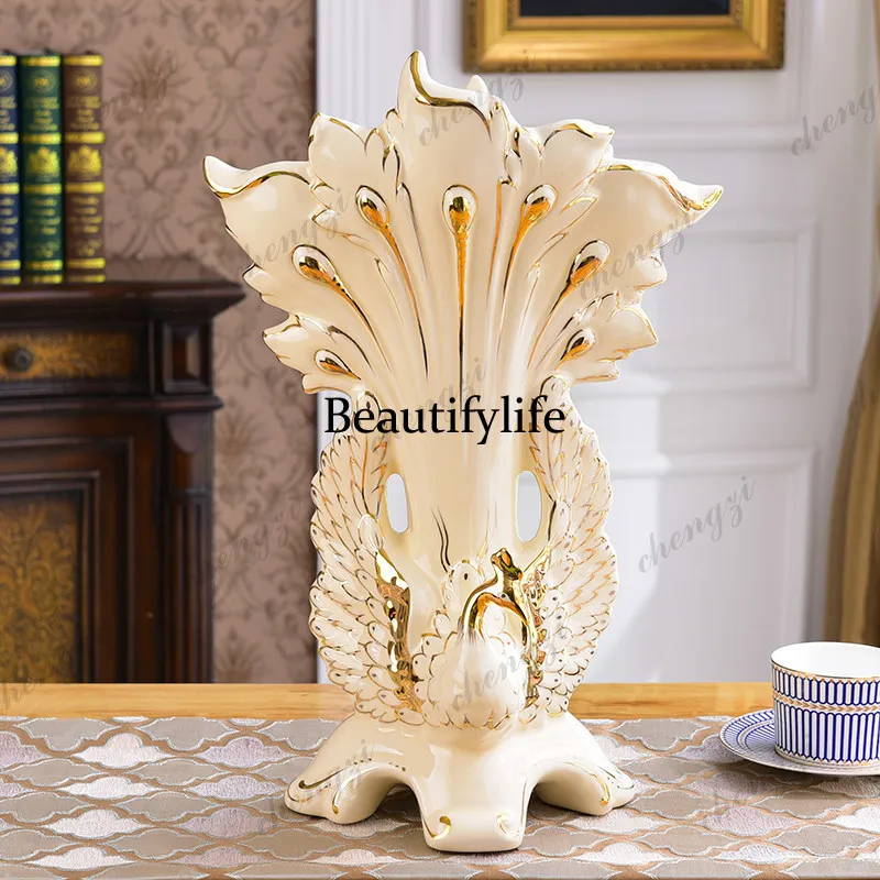 High-end European ceramic vase ornament gilt peacock open screen flower insert creative home jewelry decoration