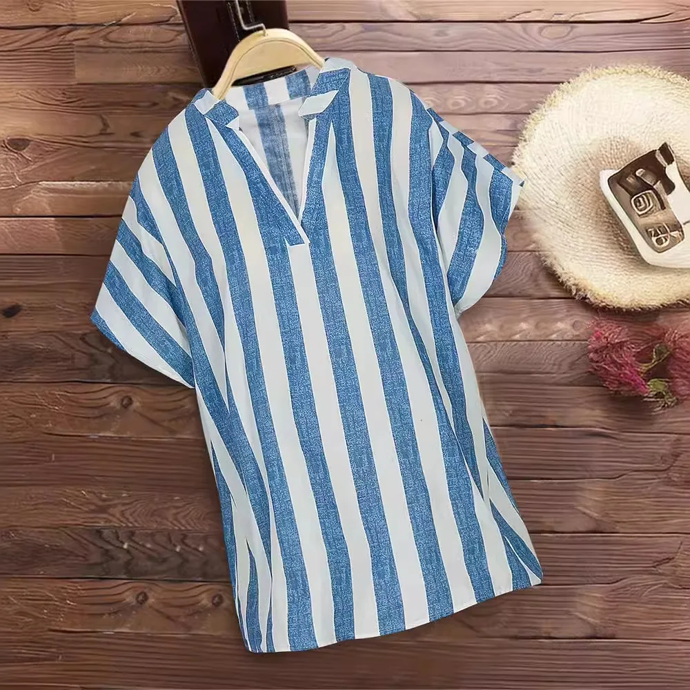 

Large size summer new casual fashion loose version women's striped jumper V-neck short-sleeved casual top