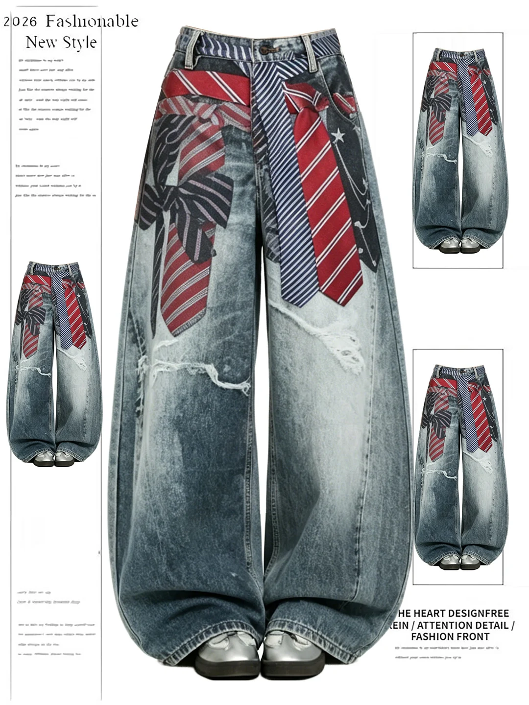 

Retro American 3D Digital Print Belted Knife Denim Jeans Women's Summer New Street Style Wide Leg Long Pants