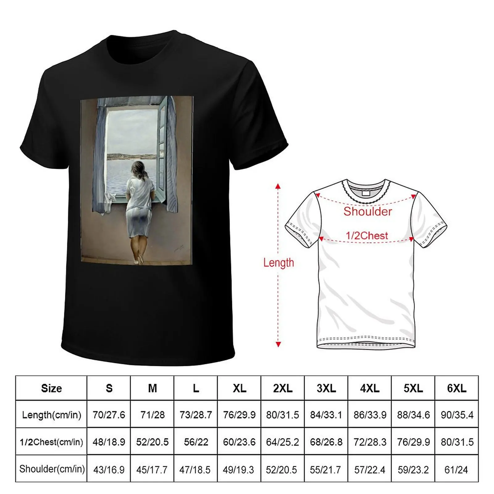 WOMAN IN THE WINDOW : Vintage 1925Painting Print T-Shirt shirts graphic tee cute tops blue archive men t shirts