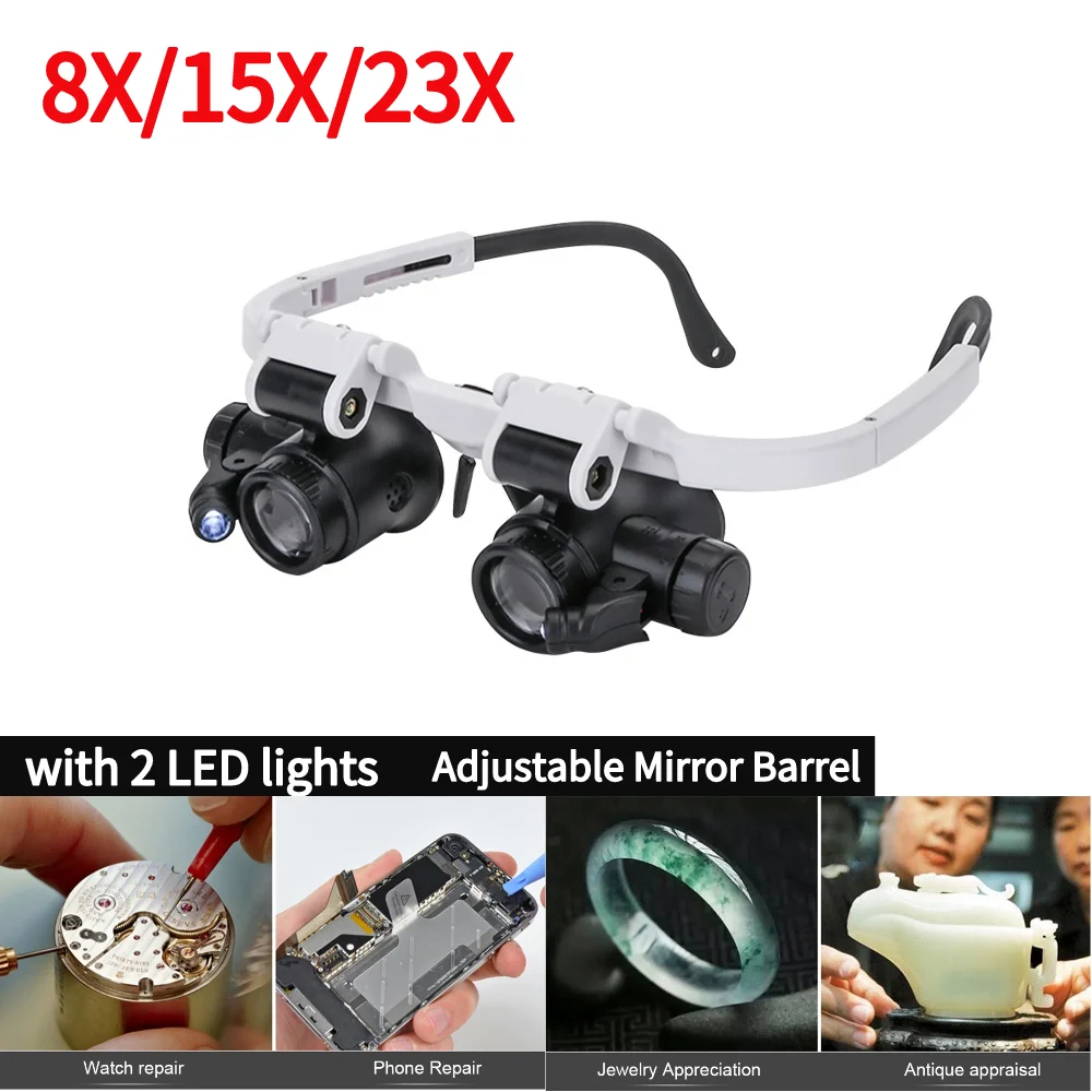 2xLED 8X 15X 23X Watch Jeweler Repair Magnifier Telescopic Magnifier Glasses with 2 LED Light for Reading Wearing