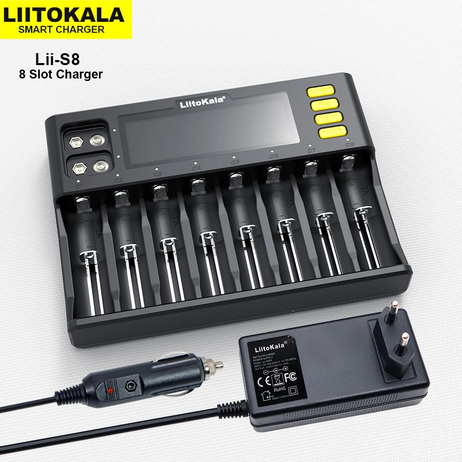 LiitoKala-cargador de batería Lii-S8, LCD 18650, Li-ion, 3,7 V, NiMH, 1,2 V, Li-FePO4, 3,2 V, IMR, 3,8 V, para 26650, 21700, 26700, 18350, AA, AAA,