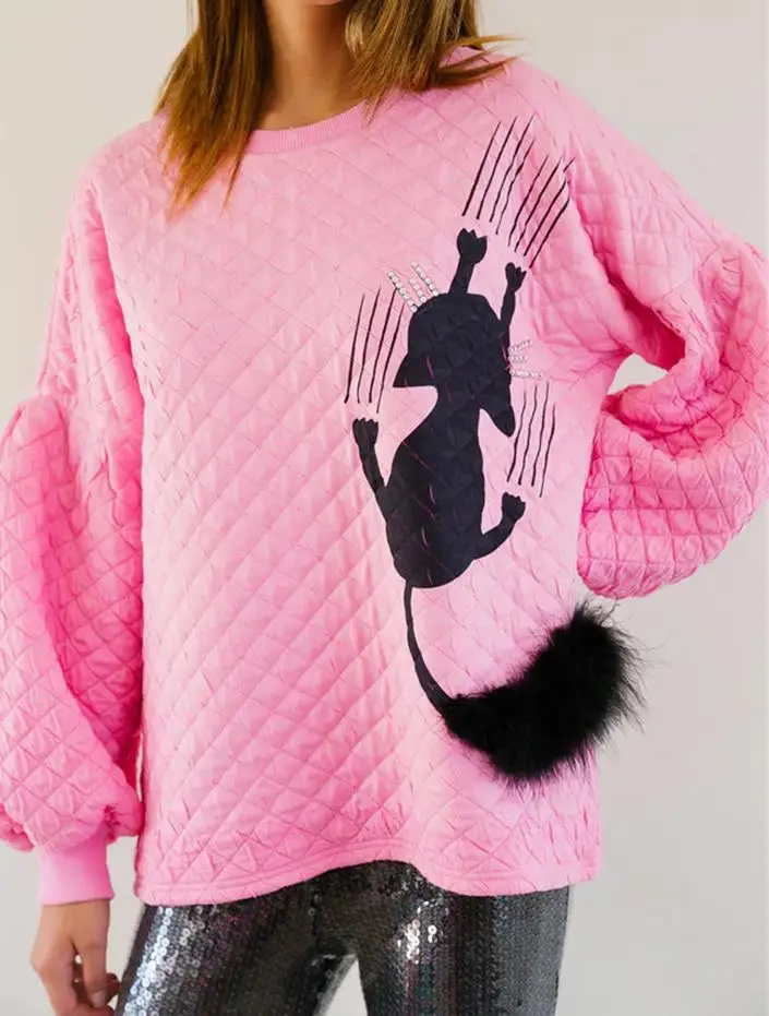 Women'S Halloween Pink Sportswear Sequined Ghost Round Neck Long Sleeved Quilted Pullover Casual Top Sweatshirt