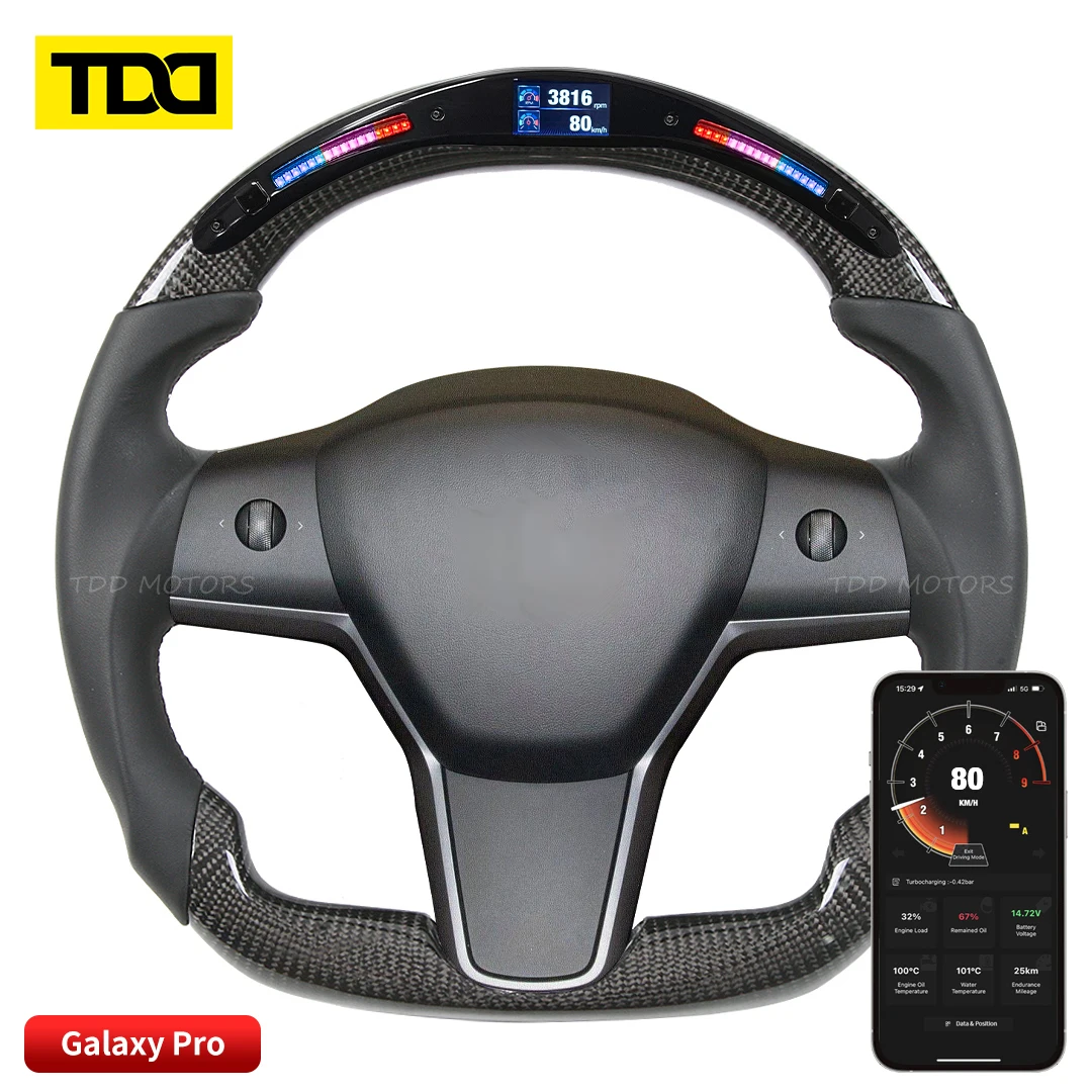 TDD Carbon Fiber Customized Galaxy Pro LED Steering Wheel for Tesla Model 3 D-shaped Smooth Leather Steering Wheel