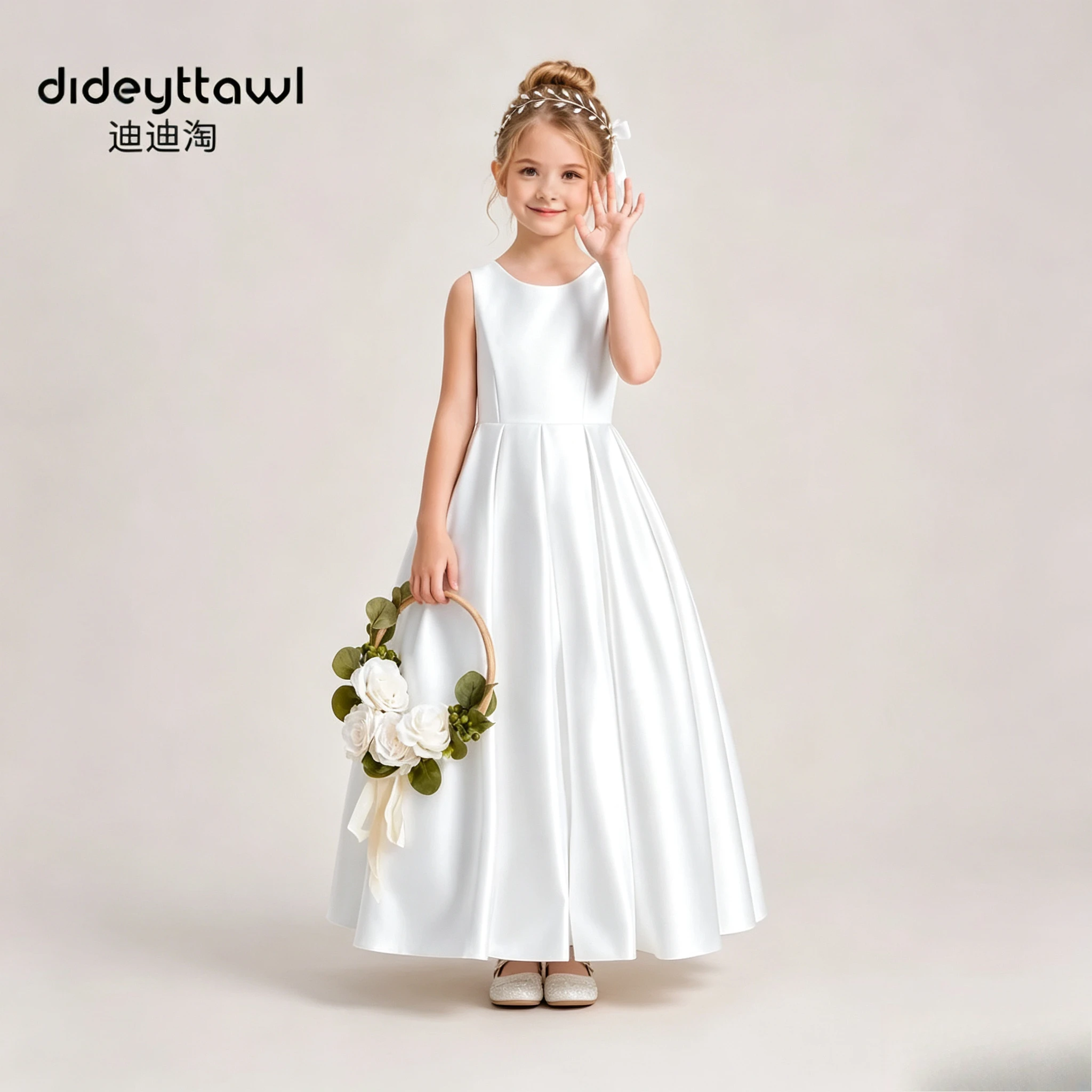 Girl Satin Flower Girl Dress Sleeveless Round Neck Long Pageant Gown Back V Bow Ruffle Kids Wedding Party Communion Formal Dress