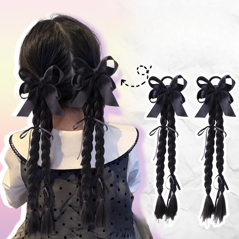 

2pcs Korean Style Hair Ties for Kids Girls Ponytails Wig Braids with Edgy Bows Children Twist Braids Elastic Hair Accessories