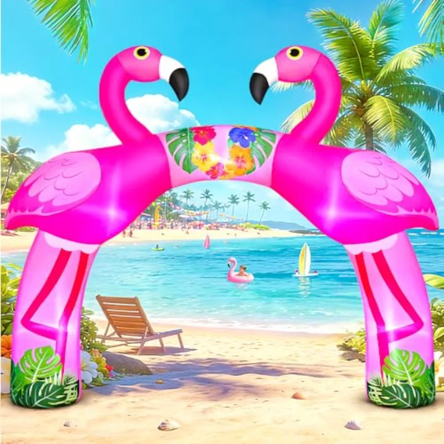 Summer luau inflatable flamingo arch for outdoor yard decor, PVC material, pink color, built-in LED lights for tropical party a