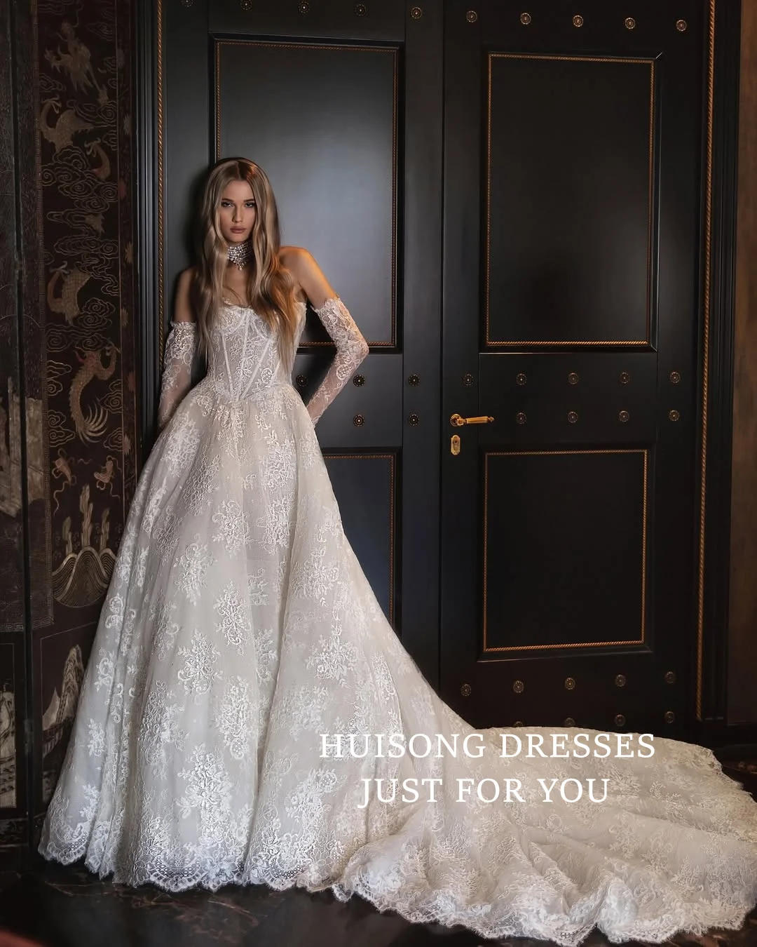 

HUISONG Customized Boho Wedding Dresses Lace Appliques Sweetheart Long Sleeves A-Line Beach Bridal Gown vestidos de novia