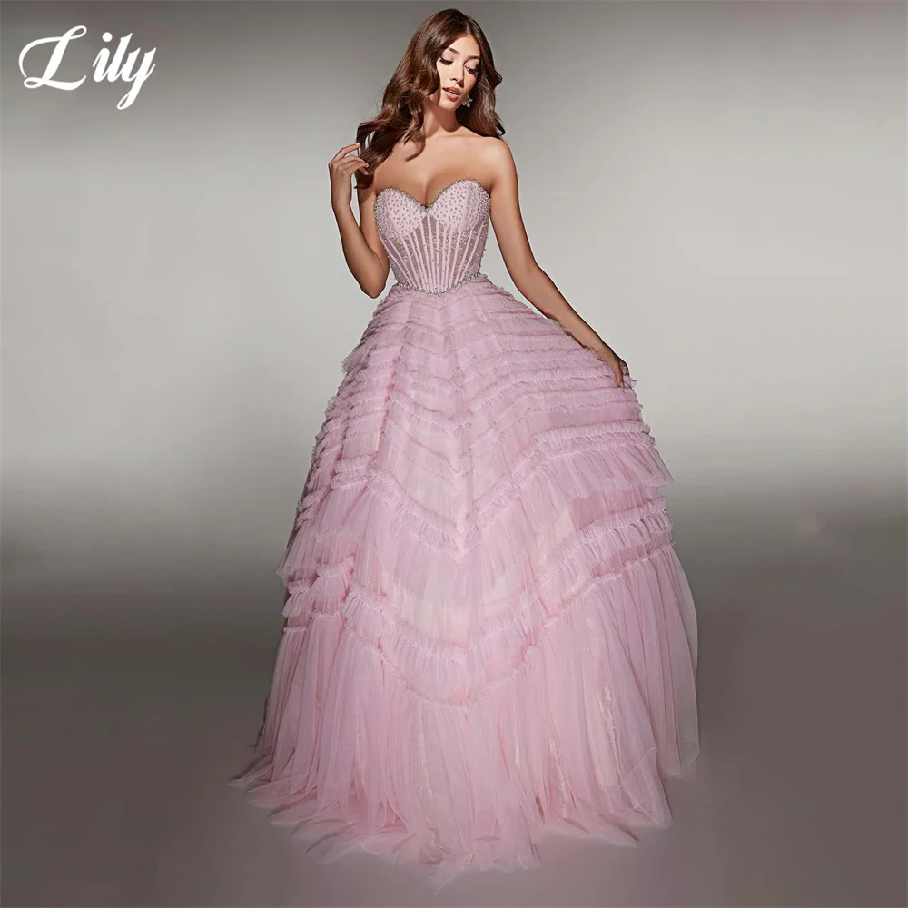 Lily Pink Evening Dress Sweetheart Sleeveless Formal Gown Beading On Chest Night Dresses A Line Tulle Prom Dresses Customized