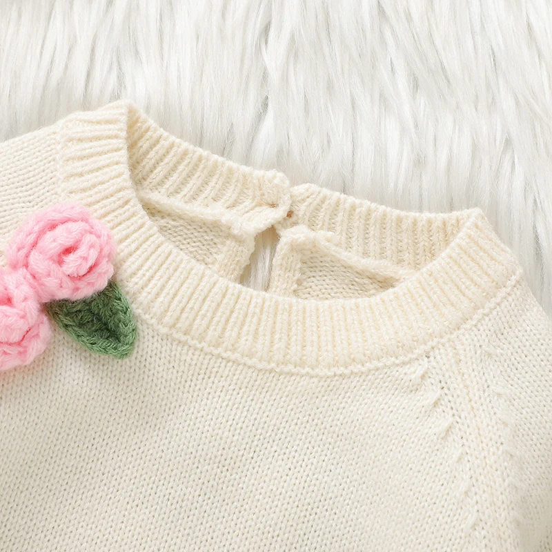 Newborn Baby Bodysuit Knit Girl Jumpsuit Outfits Long Sleeve Autumn Infant Kid Clothes Hat 2pcs 0-18M Fashion Cute 3D Floral Top