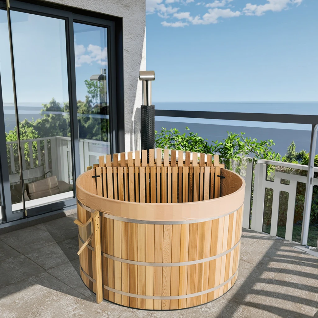 Venta directa del fabricante, bañera de hidromasaje de cedro rojo para 2-6 personas, calentador de madera para exteriores, spa de natación para villas