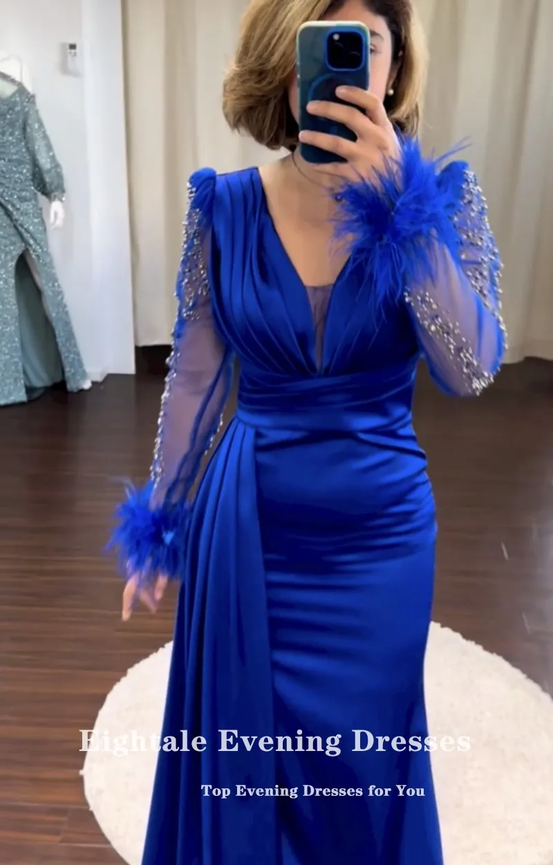 Eightale Royal Blue Evening Dress for Wedding Party V-Neck Satin Beaded Long Sleeves Arabic Dubai Prom Gowns Feather Celebrity