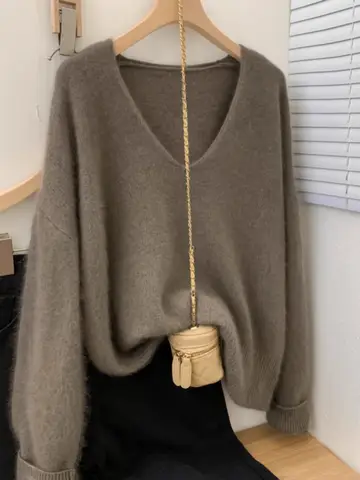 Um senso de aula! Yangqi macio ceroso 100 malhas de caxemira pura outono e inverno com decote em v coreano solto suéter de lã pulôver topo