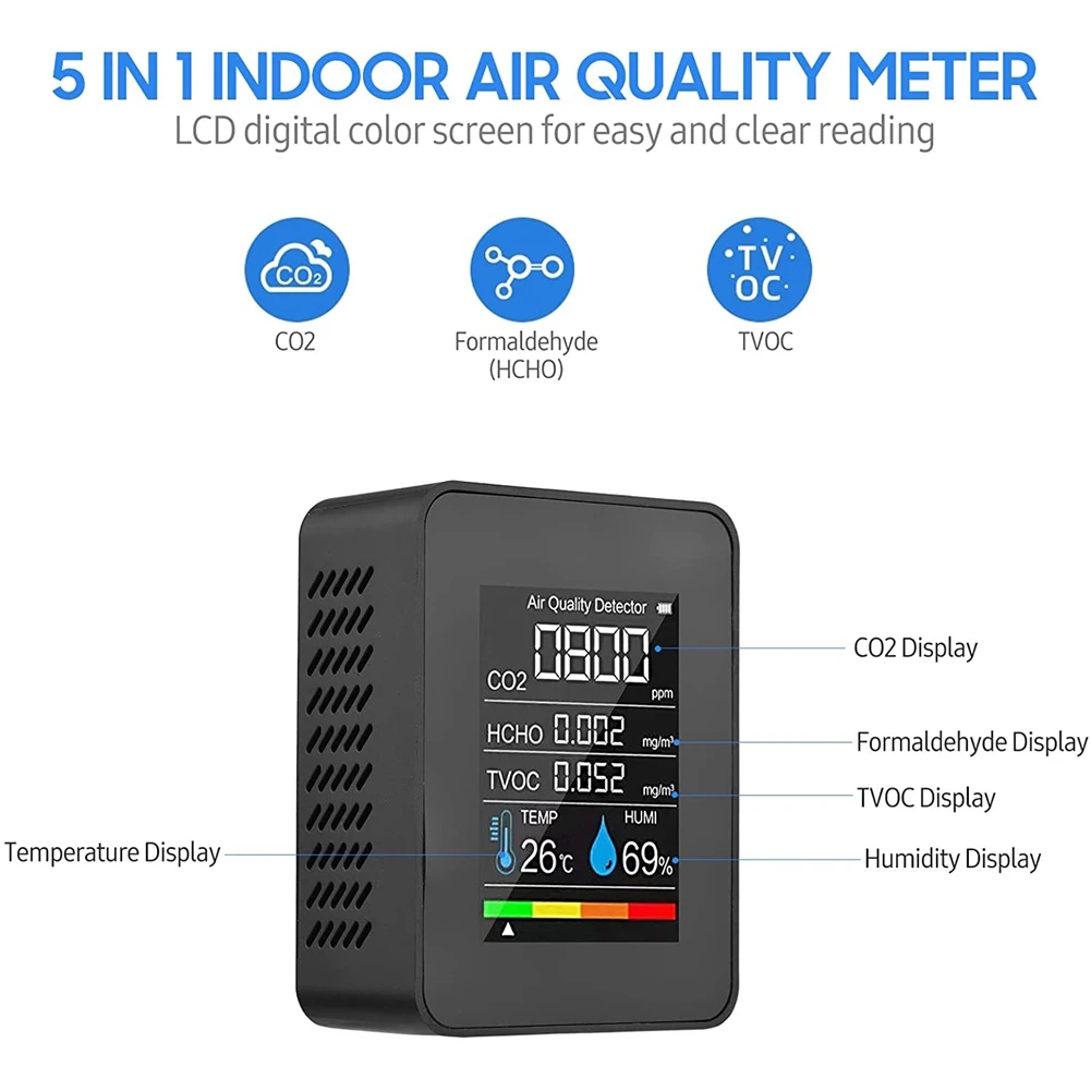 Monitor della qualità dell'aria 5 in 1 TVOC HCHO Misuratore di CO2 per umidità e temperatura, rilevatore di CO2 ricaricabile tramite USB Nero