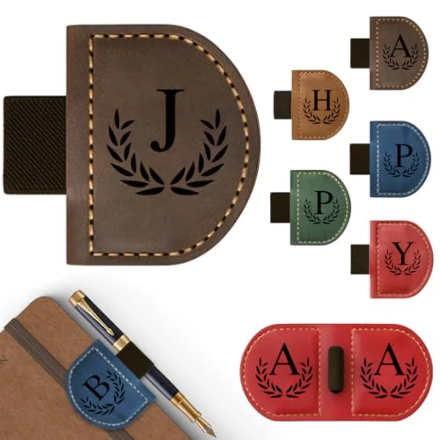 Personalized Bygone Mark Bookmark with Pen Holder, Magnetic Bookmarks with Vintage 26 Letters, Engraving Leather Magnetic Pen H