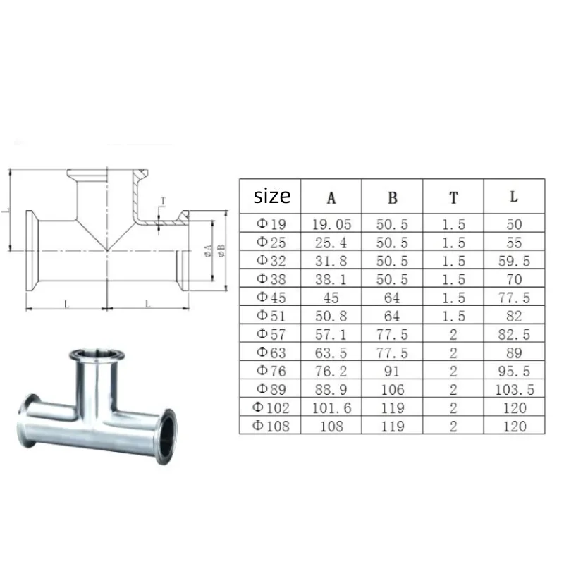 1 Stuks 19 Mm-108 Mm O/D 304 Rvs Sanitaire Beentje 3 Way Tee Connector pijp Montage 1.5 "-4" Tri Clamp