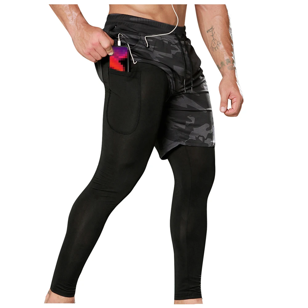 Calças de corrida dos homens aptidão esportiva treinamento legging secagem rápida treino esporte jogging dupla camada calças de fitness masculino