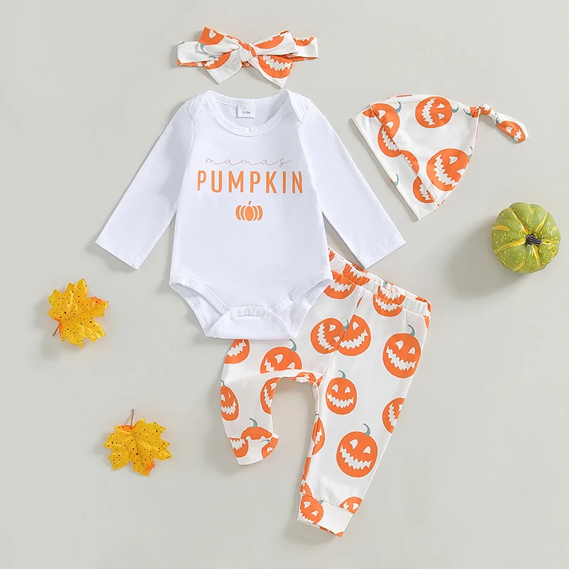 

2024-07-08 Lioraitiin Baby Girl Halloween Set Letter Pumpkin Print Long Sleeve Romper Long Pants Hat Hair Band Outfits