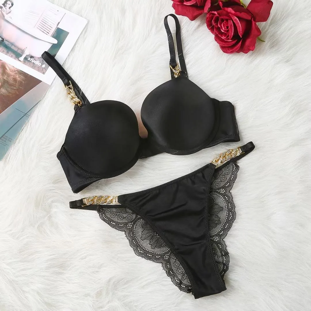 Soutien-gorge et culotte push-up en biscuits de luxe, sous-vêtements sexy, petite poitrine, imprimé froncé, lingerie monochrome, nouvelle mode, lettre VS, 2023