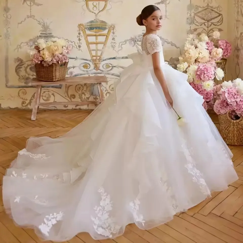 

Flower Girl Dresses for Wedding Lace Appliques Bow Pleated Princess Baby Girl Birthday Gowns First Communion Gowns Customized