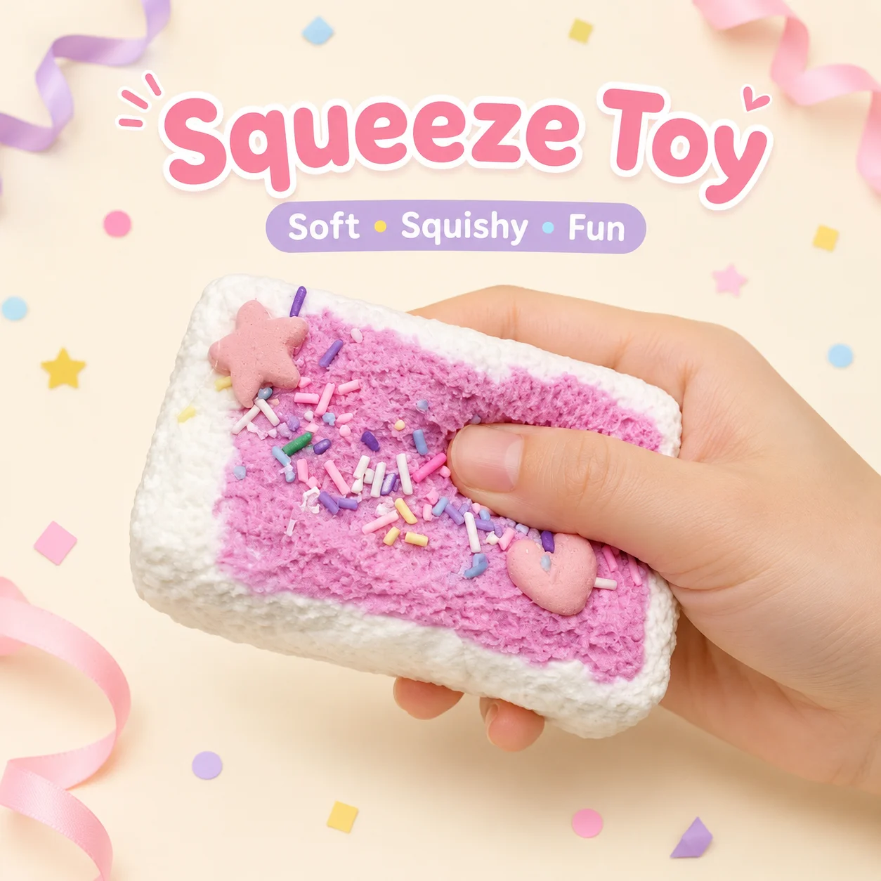 Food Grade Silicone Rectangle Cake Squishy Toy Purple Cream Colorful Sugar Sprinkle Pink Star Heart Decor Soft Mochi Squeeze