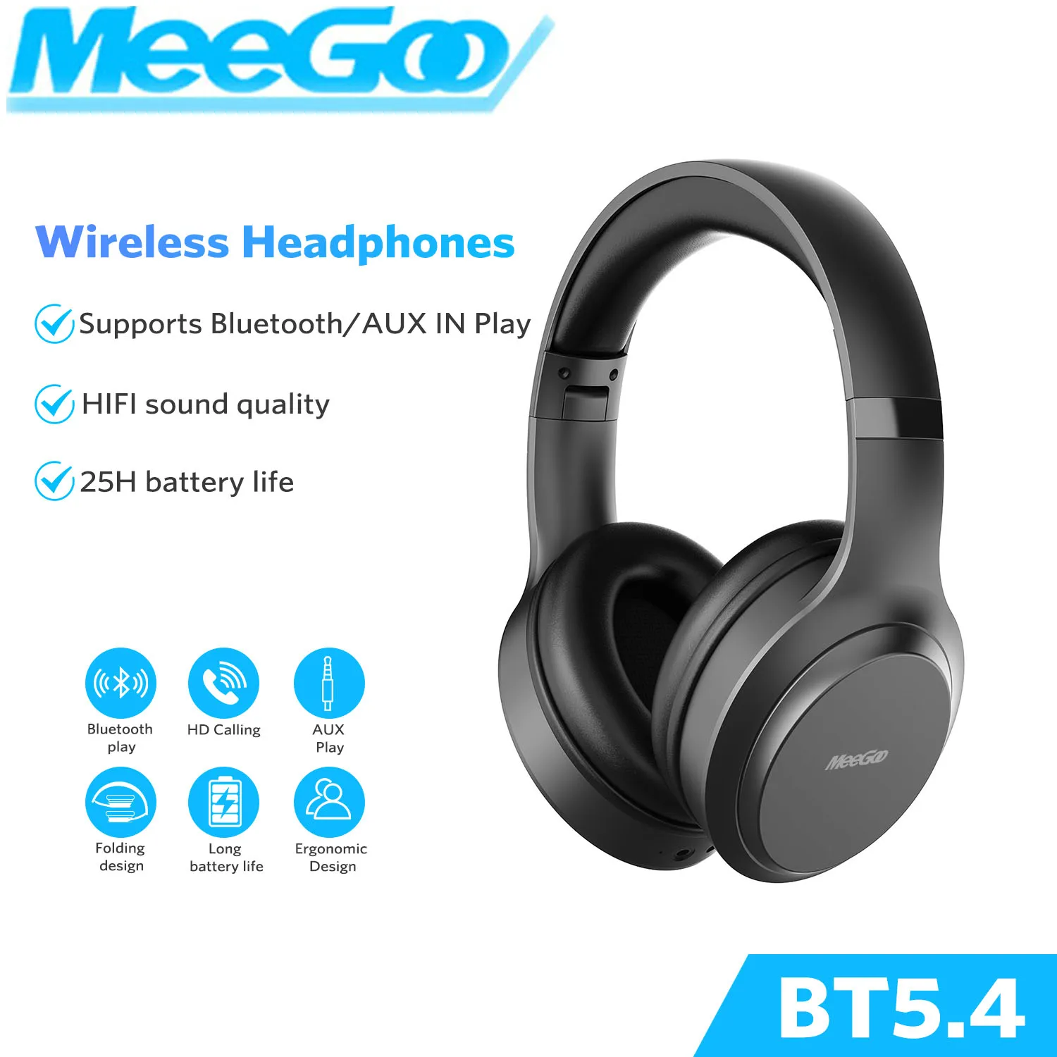

MeeGoo Over-ear Bluetooth Headphones Foldable for easy storage Supports wired/wireless connectivity Bluetooth Headset Noise