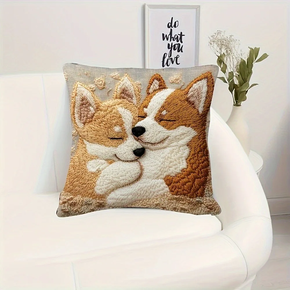 

Lovely Cartoon Corgi Dog Pillowcase Cartoon Flower Cute Puppy Dog Friend Pillow Cover Home Decor Sofa Car Cushion Cover