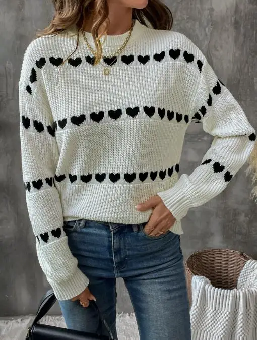 

Осенний жаккардовый вязаный свитер с круглым вырезом в форме сердца для женщин, повседневный и милый, модный свитер с длинными рукавами для девочек
