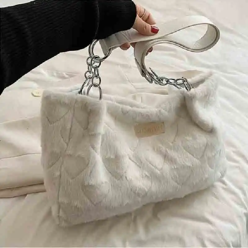 Plush Heart Large Capacity Tote Bag Y2k Handbags Women Fashion Soft Casual Shoulder Bags New Babes Street Coin Purse Bolso Mujer