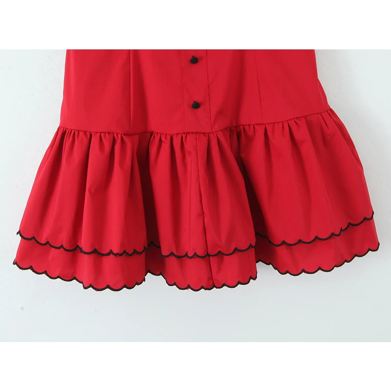 YENKYE Sexy Vrouwen Zwart Gesplitst Rode Sling Mini Jurk Voorste Knop Lace Up Zoom Ruche A-lijn Zomerjurken 2025, Party Gewaad